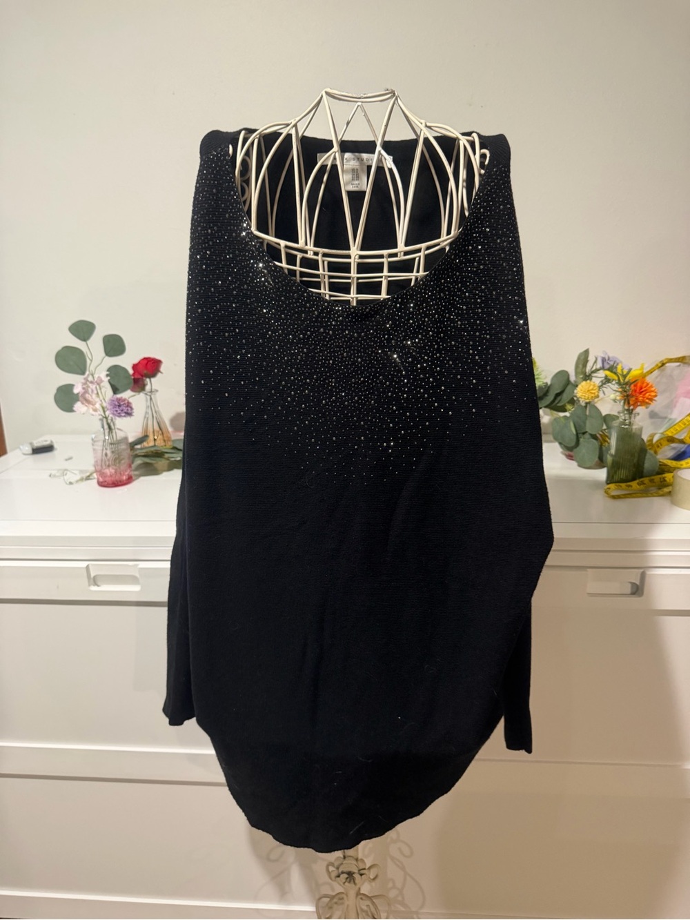 Max Studio Black Crew Neck Sweater with Sparkle Front